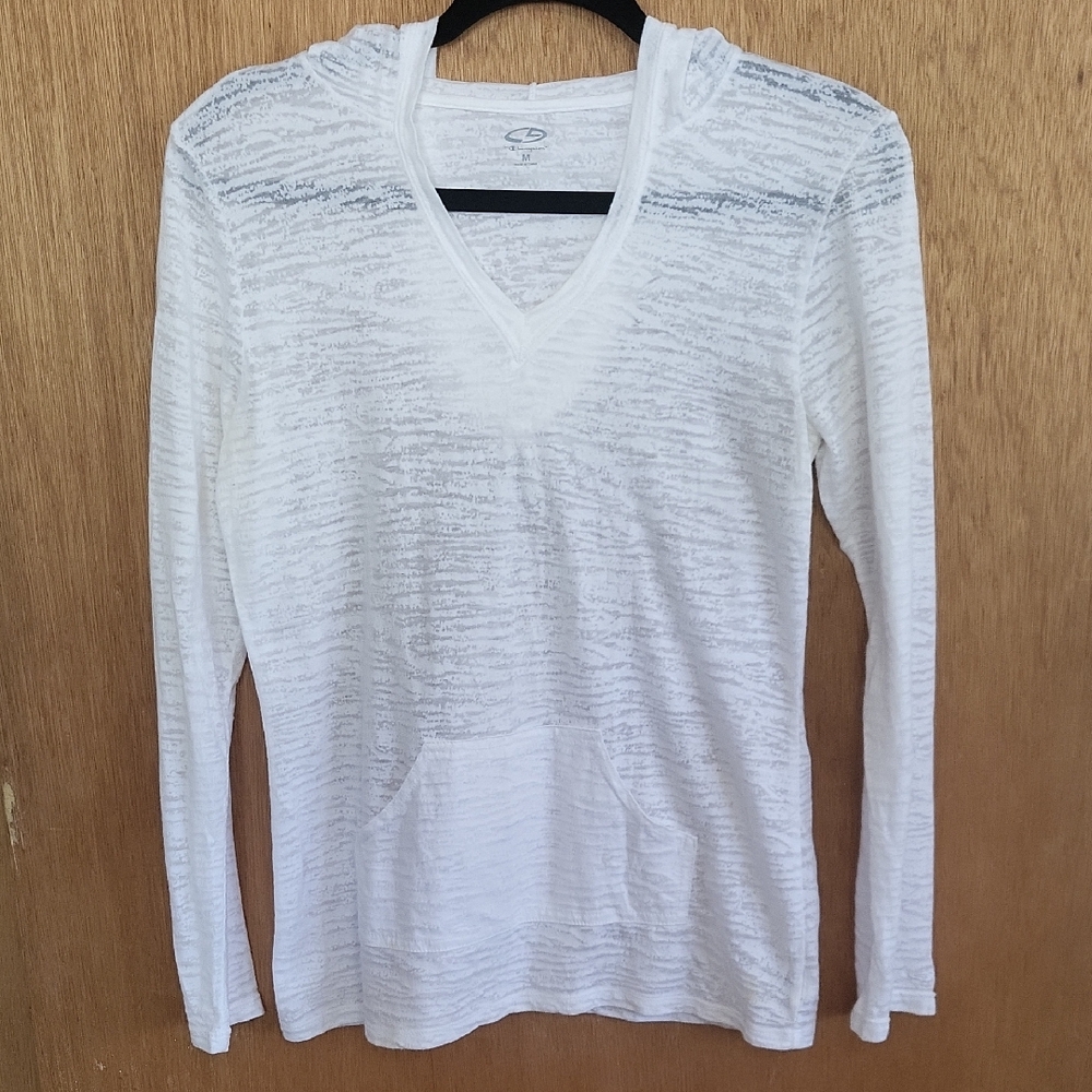Champion White Hooded Long Sleeve Top Sheer Cover Up Top. Medium